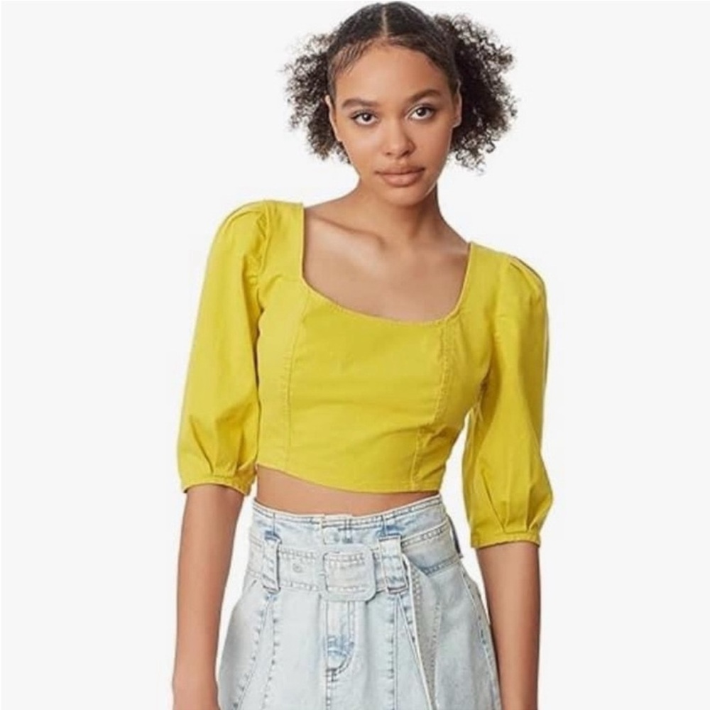 Circus NY - Smocked and Cropped Puff-Sleeve top yellow
